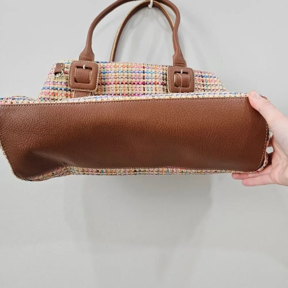 Liz Claiborne Rainbow Woven Straw Satchel Bag Multicolor Brown Trim Y2K